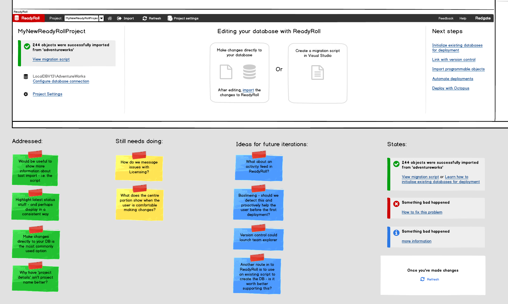 ReadyRoll set up experience Balsamiq mock-up