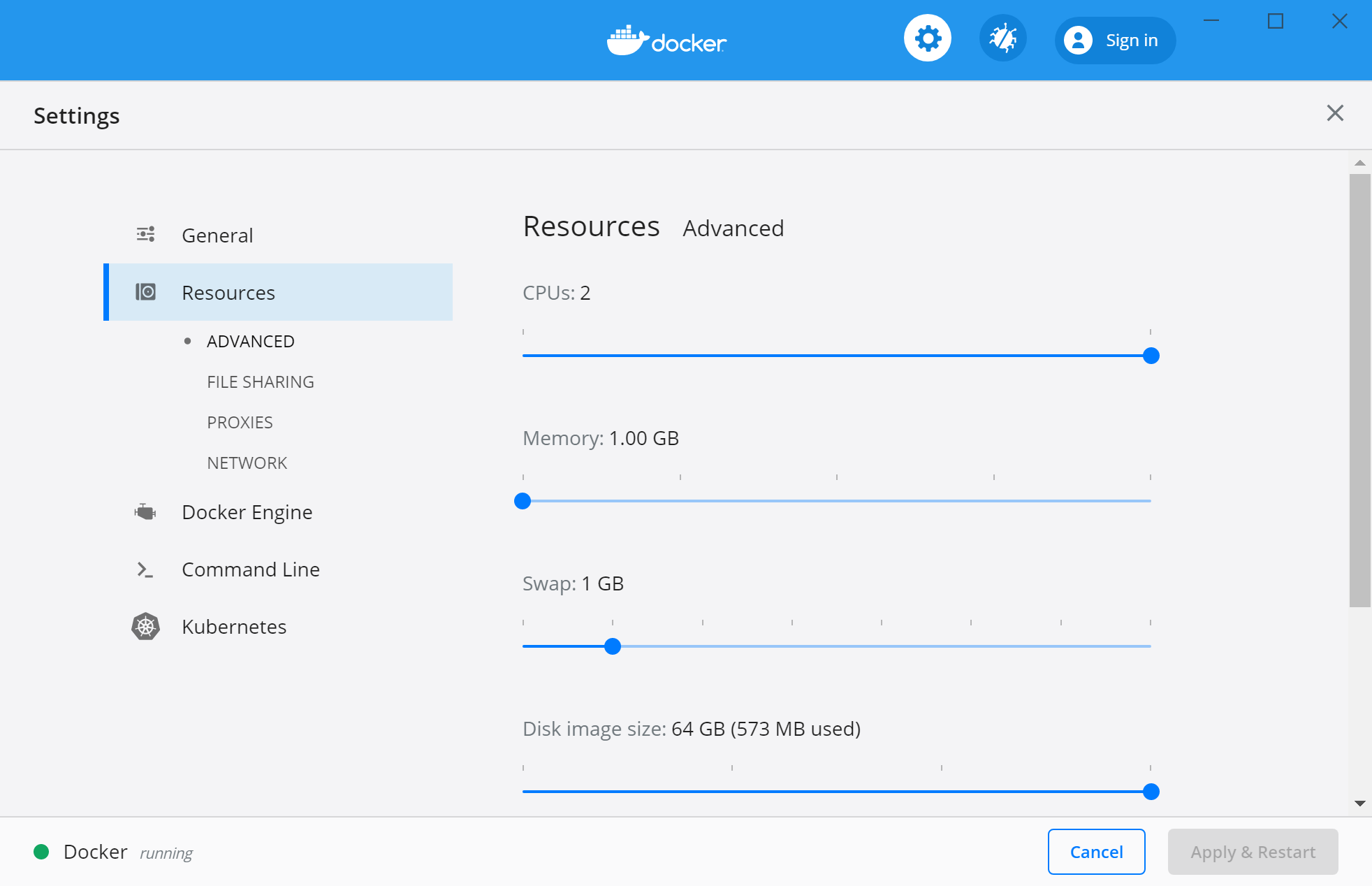 Docker for Windows rescource settings