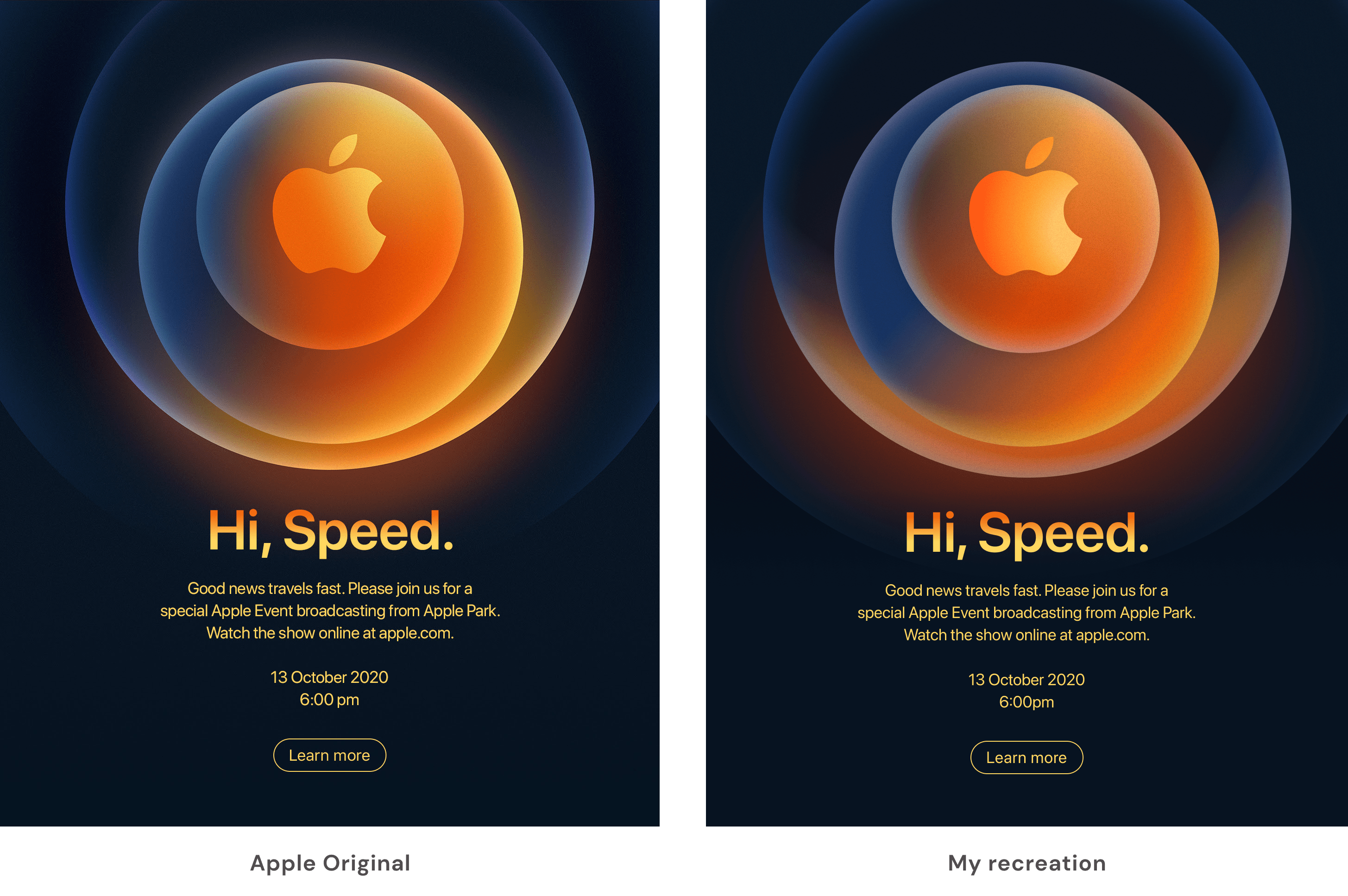 Comparison of the Apple event invite and my Figma recreation