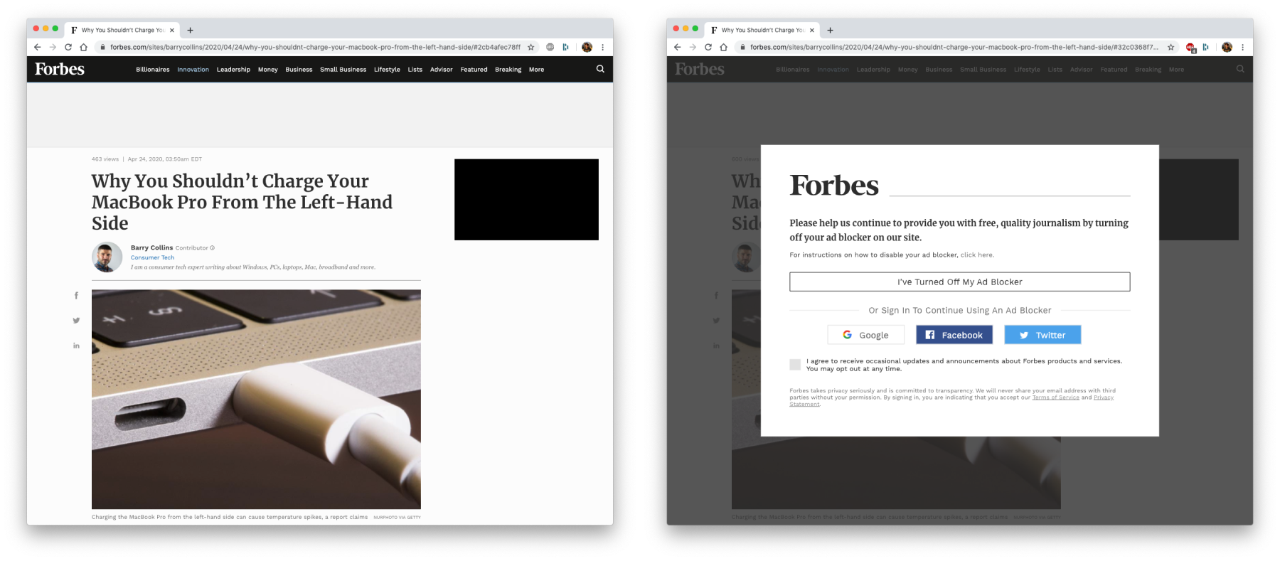 The same page viewed using AdblockerPlus and Pi-hole